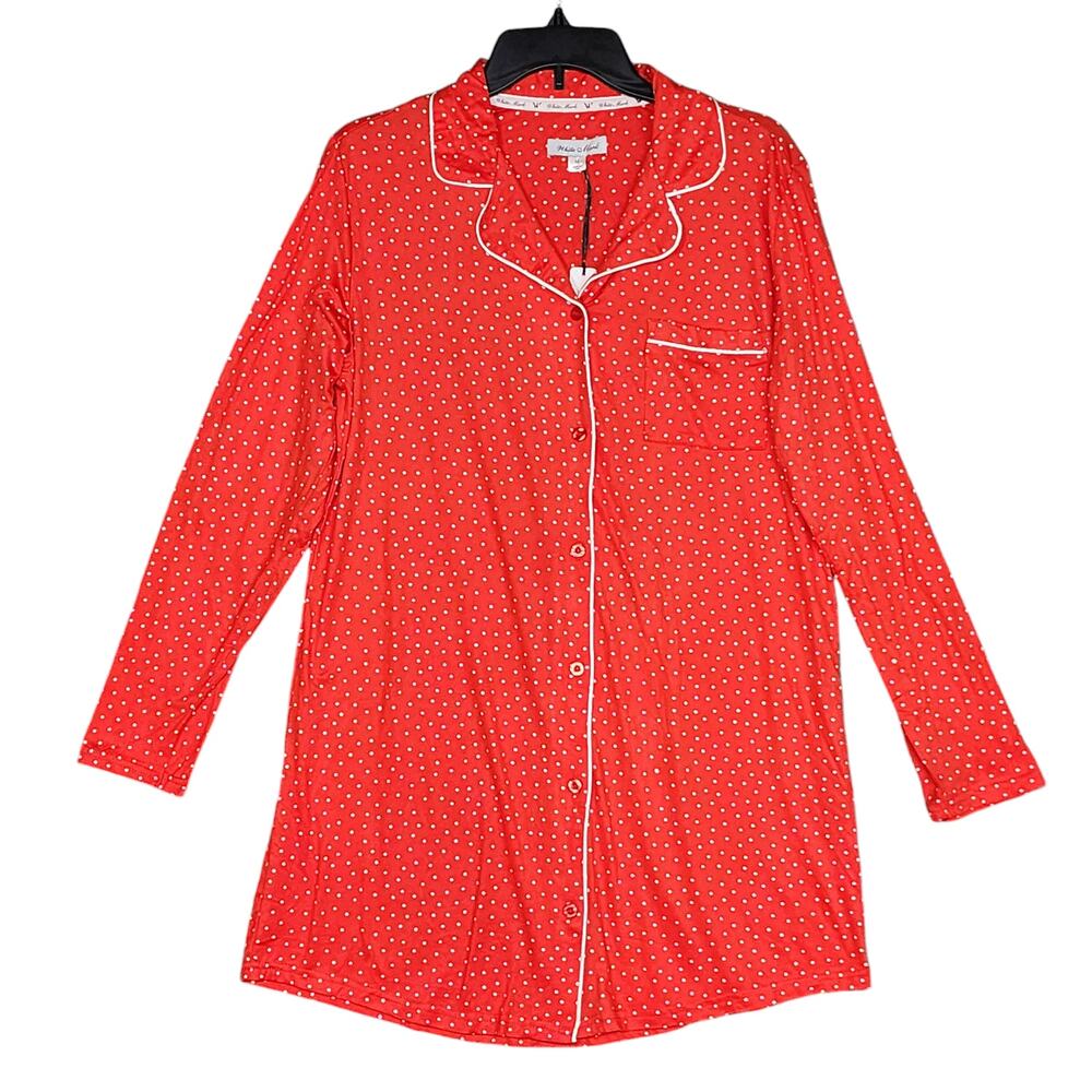 White Mark Long Sleeve Nightgown Notch‎ Collar Button Down Red White Medium